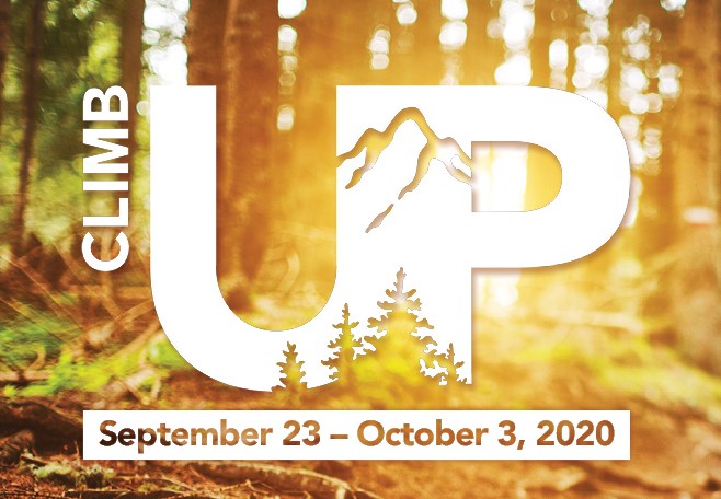 Graphic features Climb UP campaign to support United Way Lower Mainland, Campaign held September 23 - October 3, 2020 under #Up4Community Challenge Hashtag, Graphic features photo background of the woods