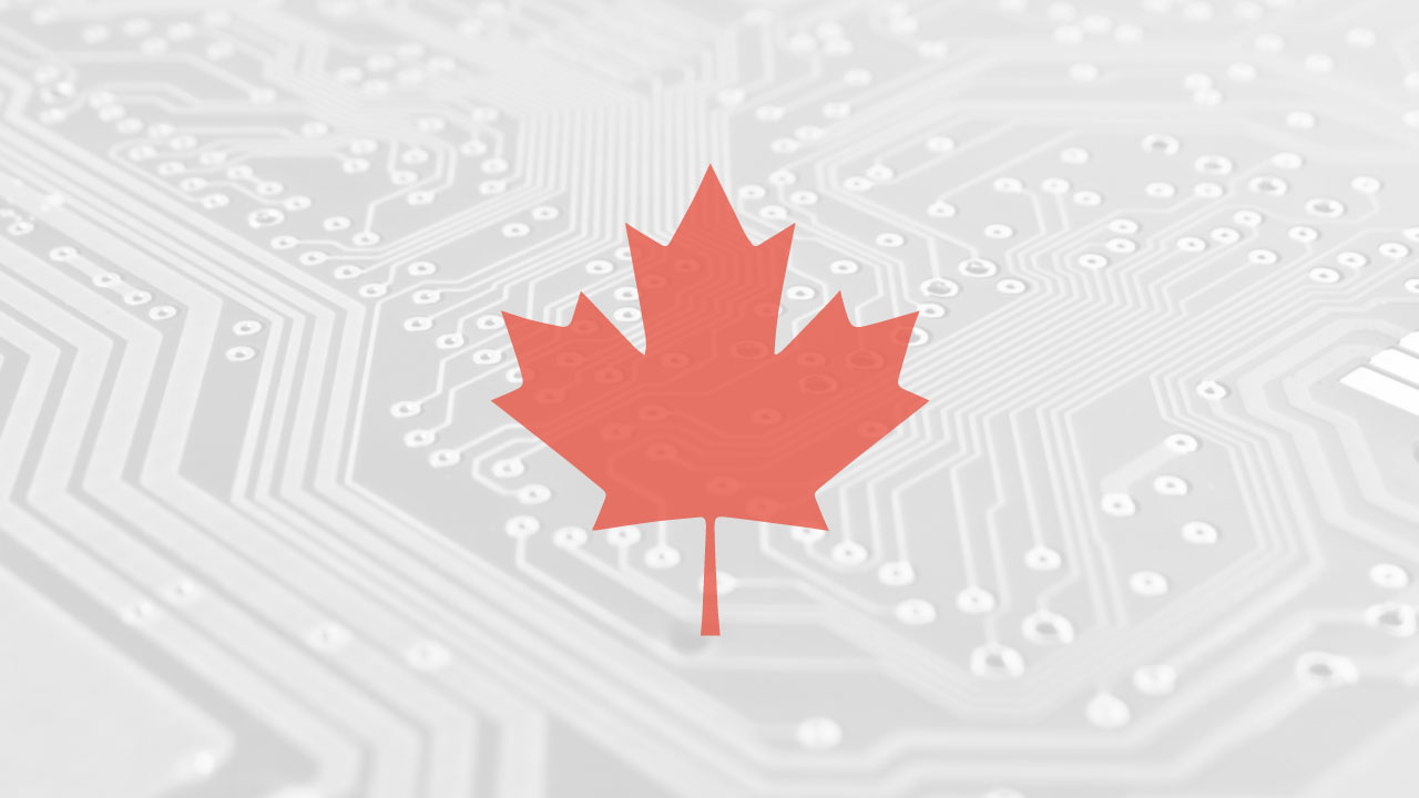 A Canadian Maple Leaf Colored Red Overlays Abstract Technology advertising for IT/IQ Tech Recruiters