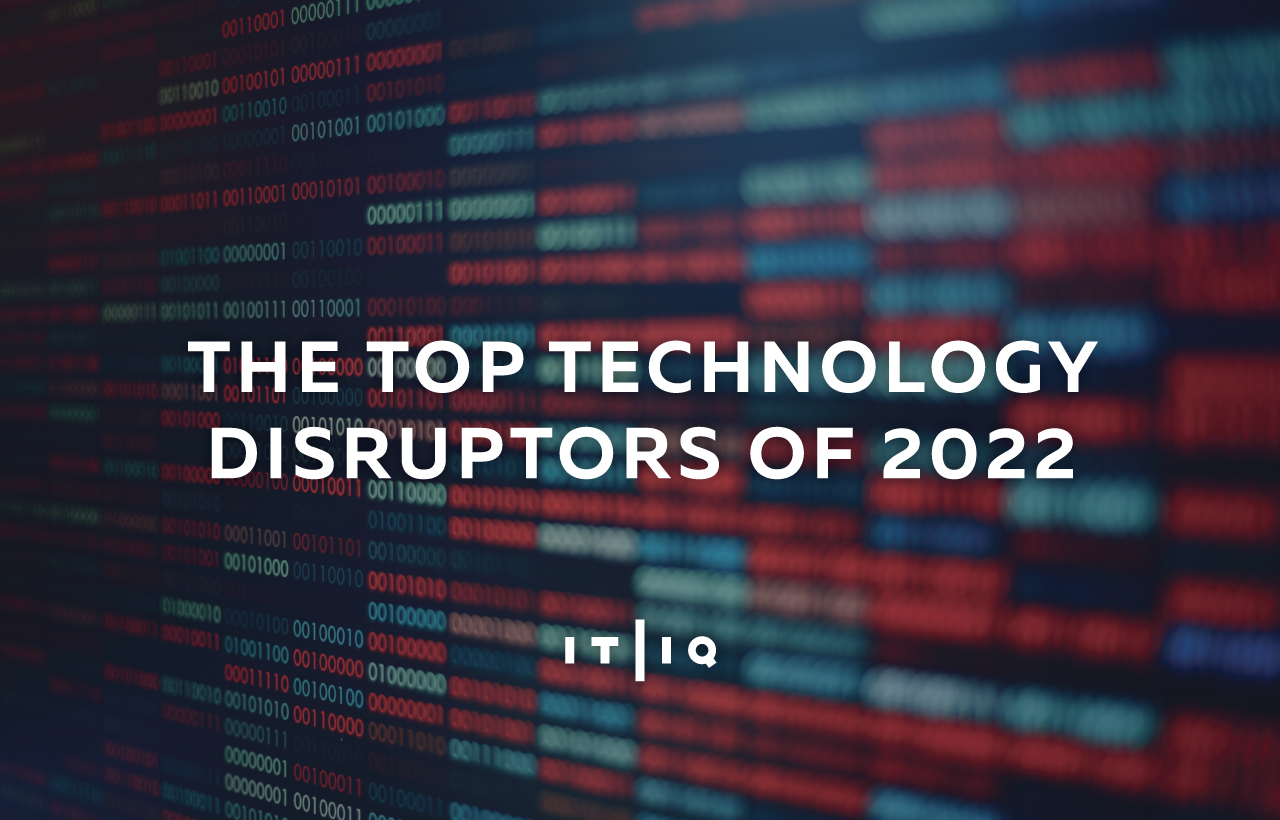 "The Top technology disruptors of 2022" Copy on top of blue and red computer spread sheet
