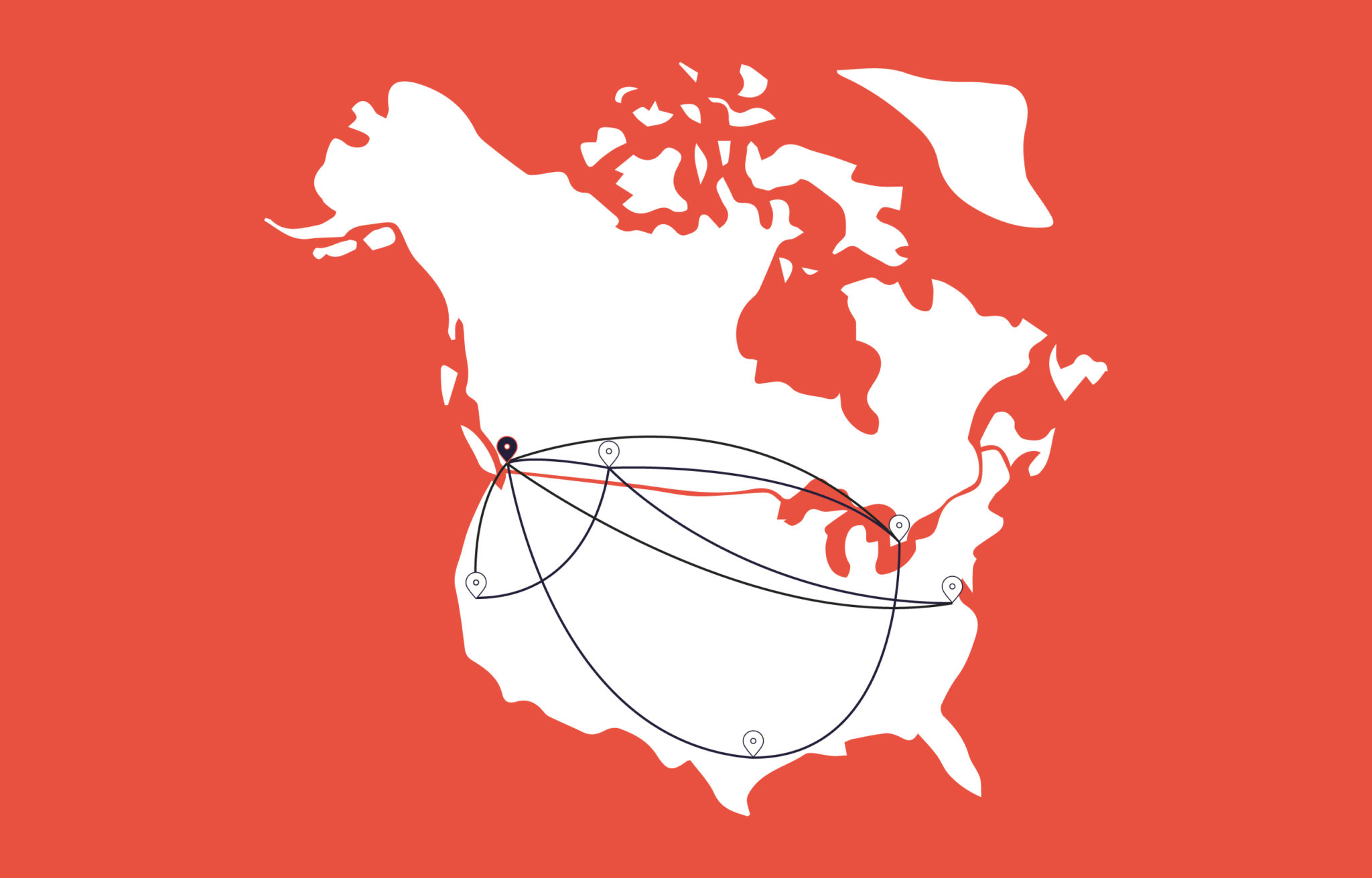 Red and White Graphic features IT/IQ remote team locations simplified map of Canada and the United States using black lines and drop pins to indicate locations