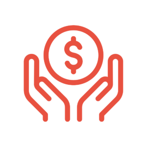 Savings icon features simplified red outline of a $ coin between hands