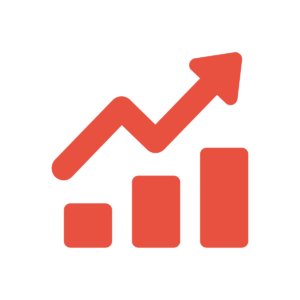 Trending icon features simplified red arrow ascending over increasing bar graph symbolizing growth