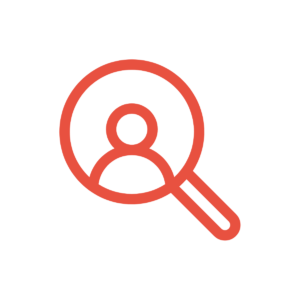 Simplified red icon features a person centered in the lens of a magnifying glass